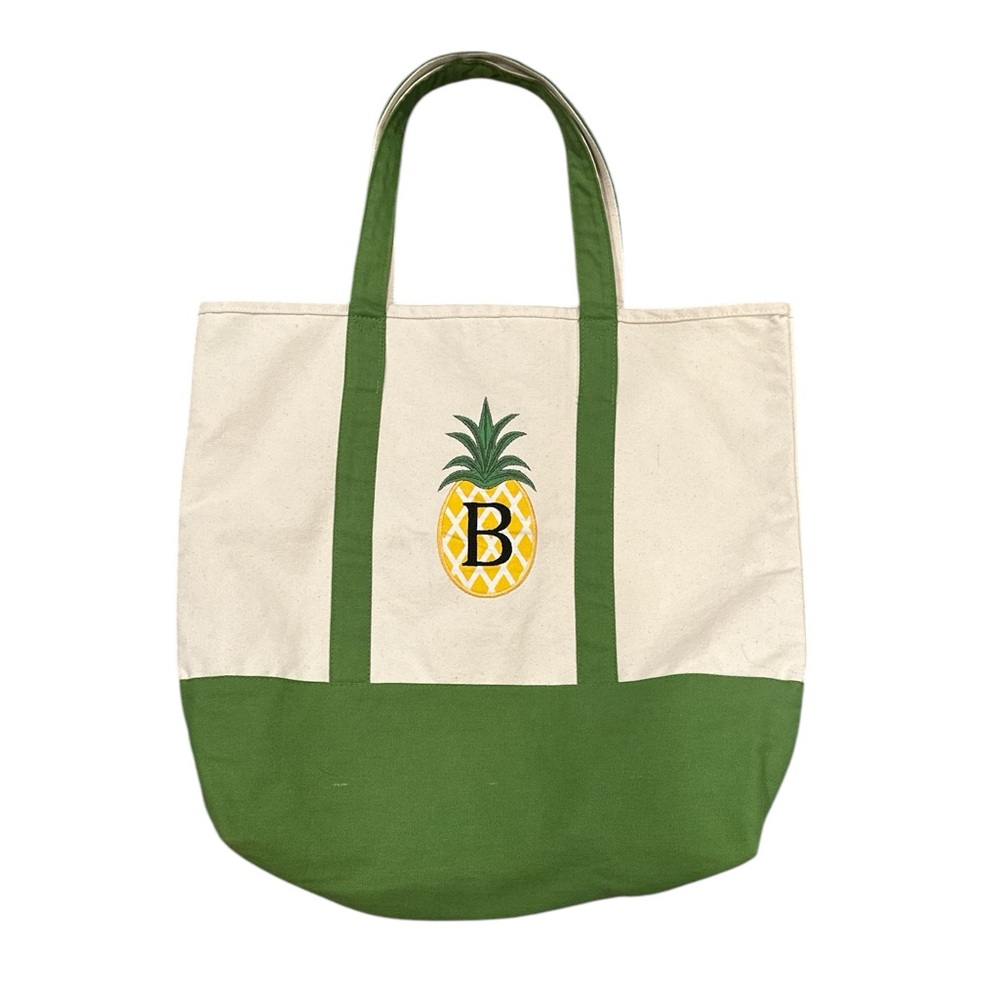 PINEAPPLE CANVAS BEIGE GREEN TRIM SHOPPING BEACH VACATION B TOTE